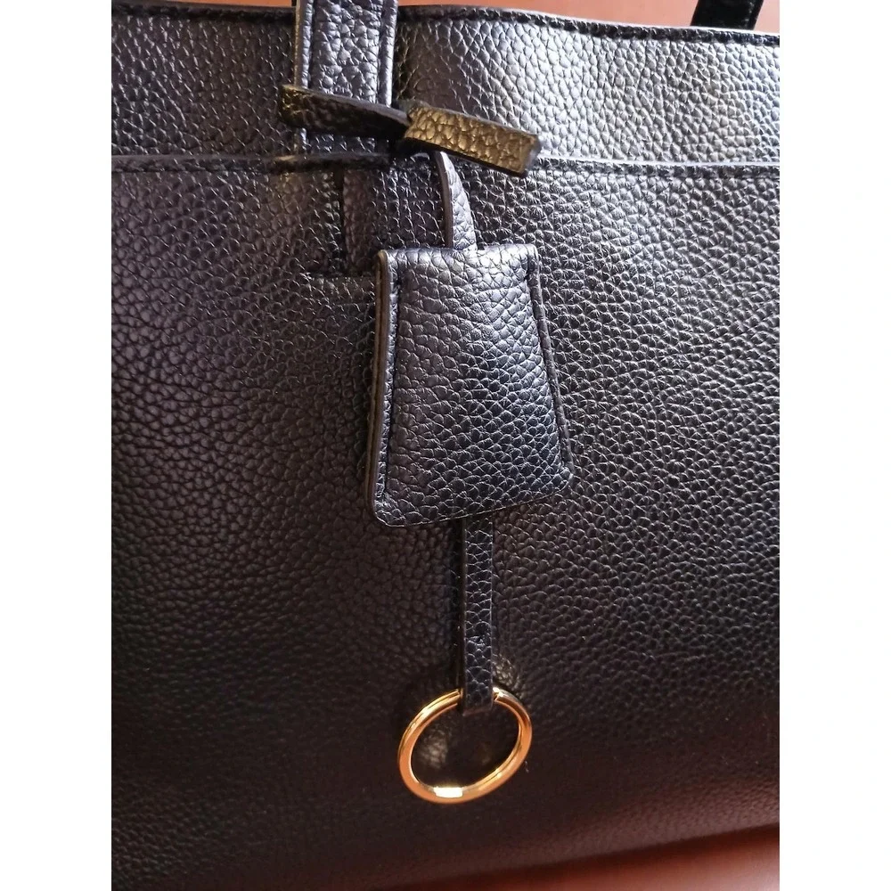 A New Day Black Pebbled Faux Leather‎ Triple Compartment Tote Crossbody Bag
